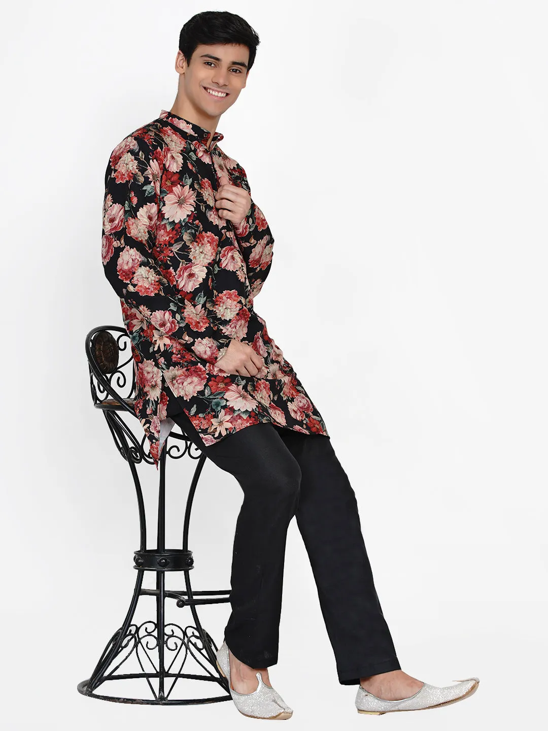 Men Black Paisley Printed Angrakha Kurta with Pyjamas