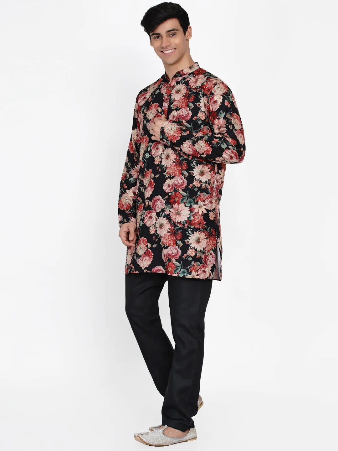 Men Black Paisley Printed Angrakha Kurta with Pyjamas