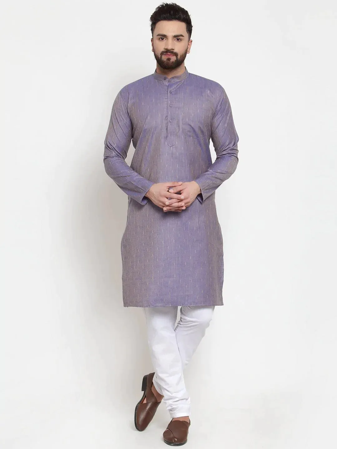 Men Blue & White Self Design Kurta Only