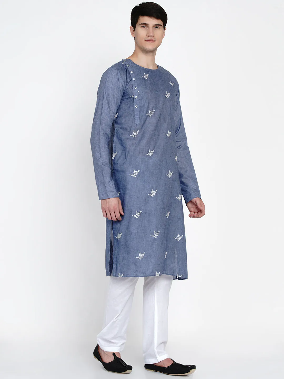 Men Blue Angrakha Pure Cotton Kurta with Pyjamas