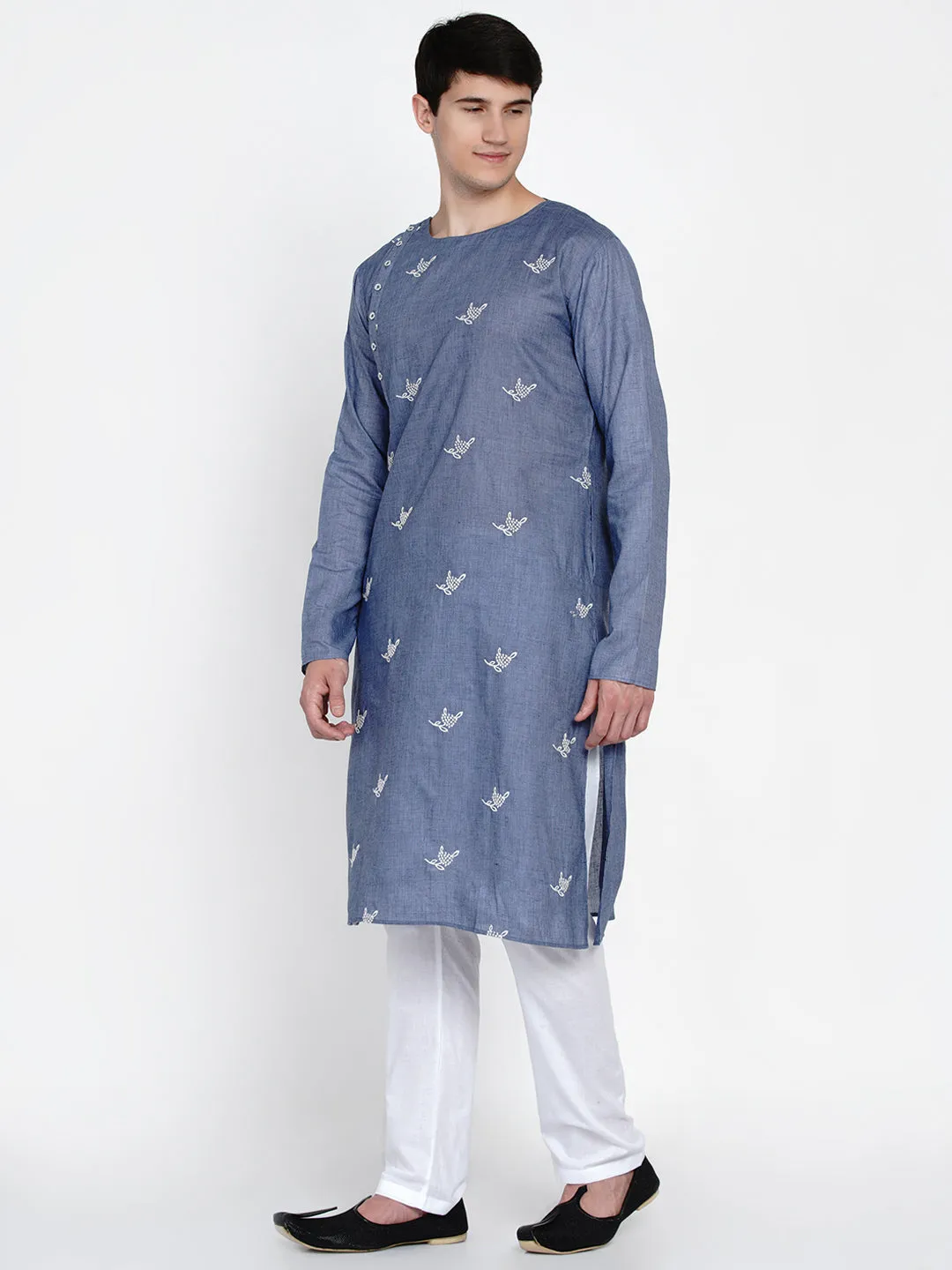 Men Blue Angrakha Pure Cotton Kurta with Pyjamas