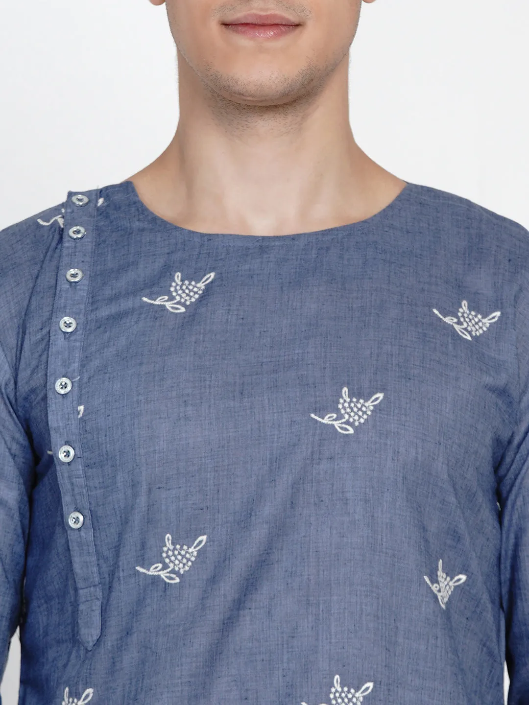 Men Blue Angrakha Pure Cotton Kurta with Pyjamas