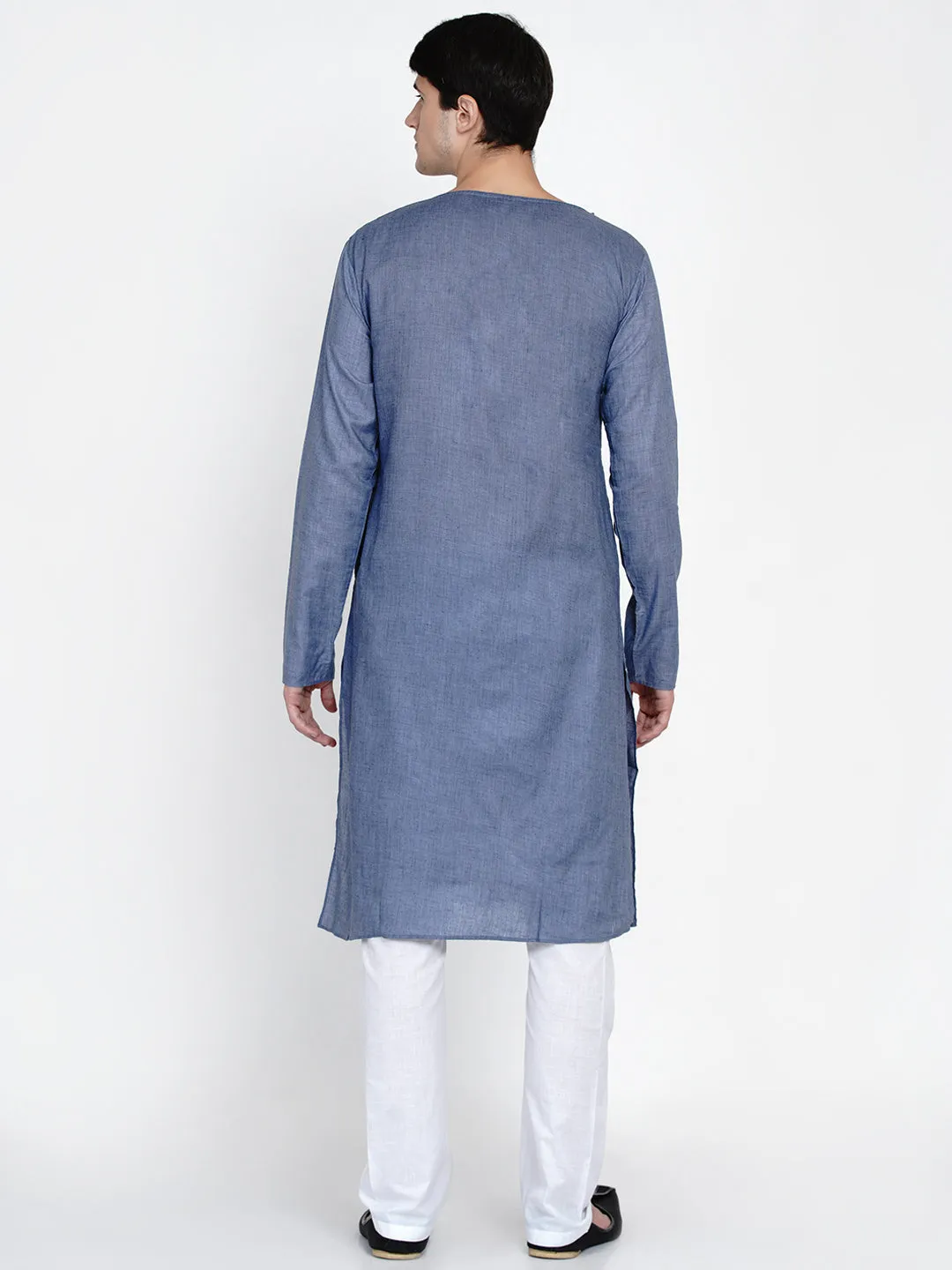 Men Blue Angrakha Pure Cotton Kurta with Pyjamas