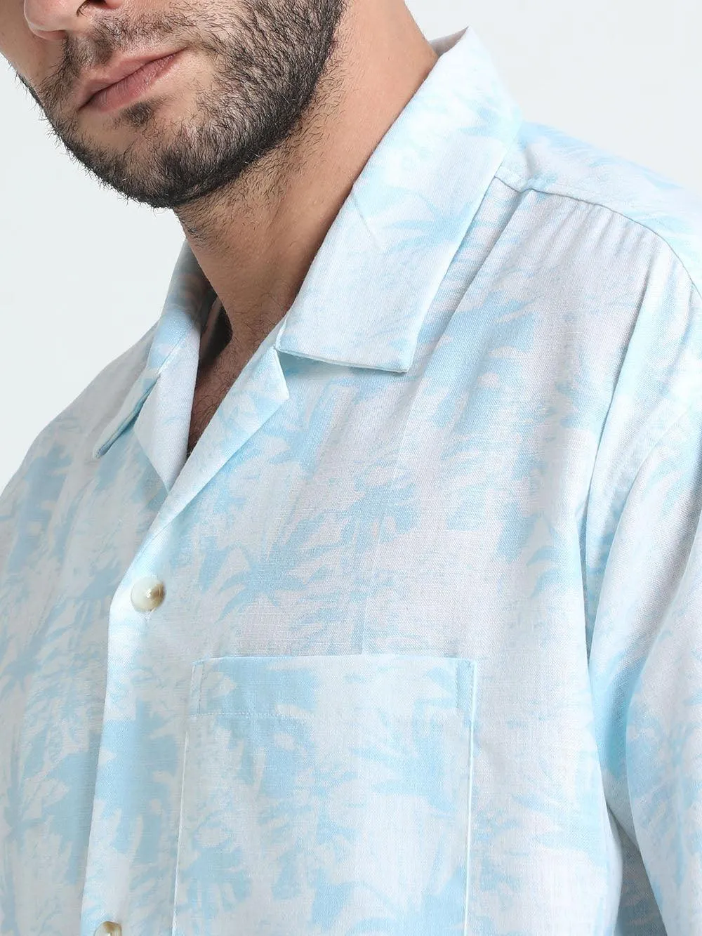 Men Loose Fit Aquamarine Blue Cuban Collar Shirt