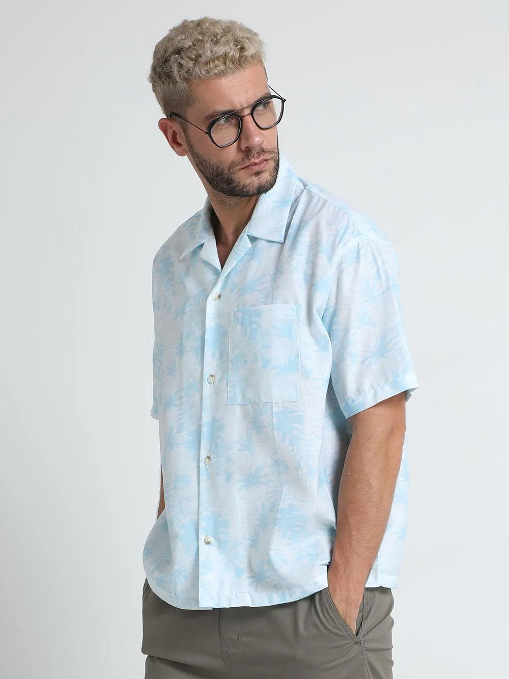 Men Loose Fit Aquamarine Blue Cuban Collar Shirt