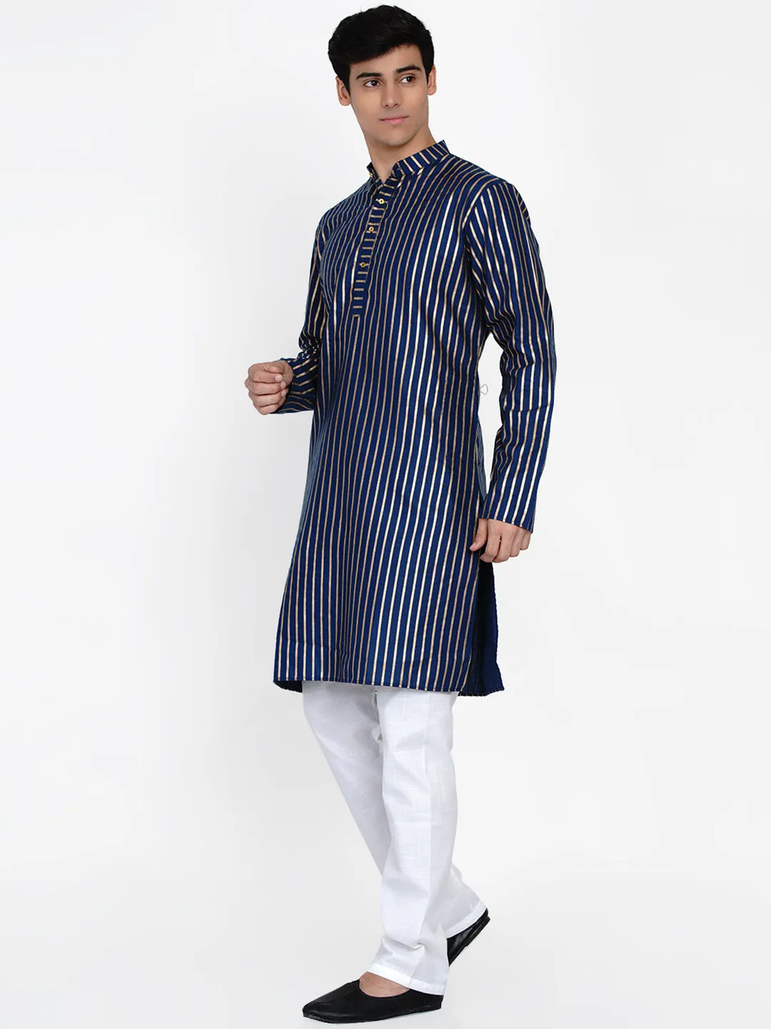 Men Navy Blue & Gold Striped Kurta with Pyjamas