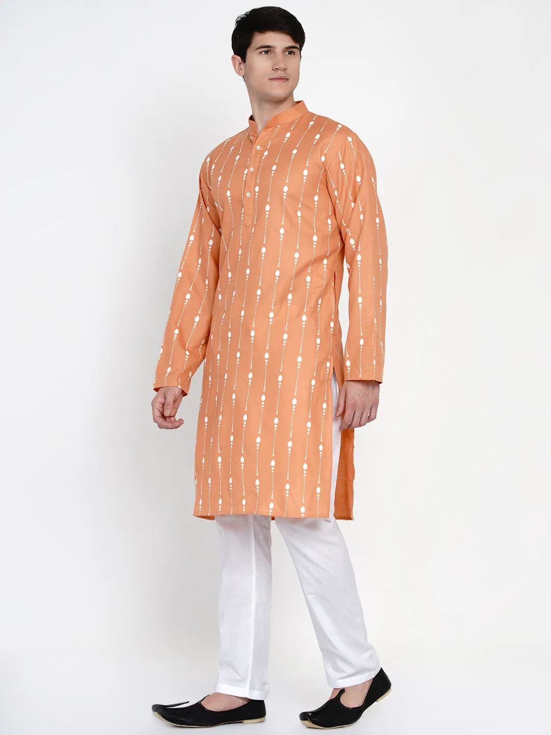 Men Peach & White Printed Pure Cotton Kurta with Pyjamas