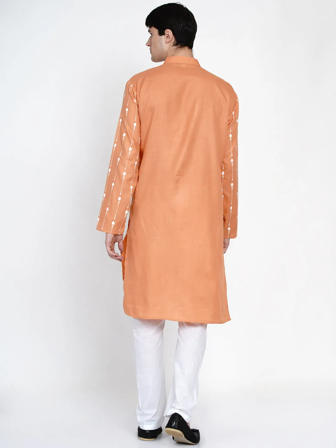 Men Peach & White Printed Pure Cotton Kurta with Pyjamas