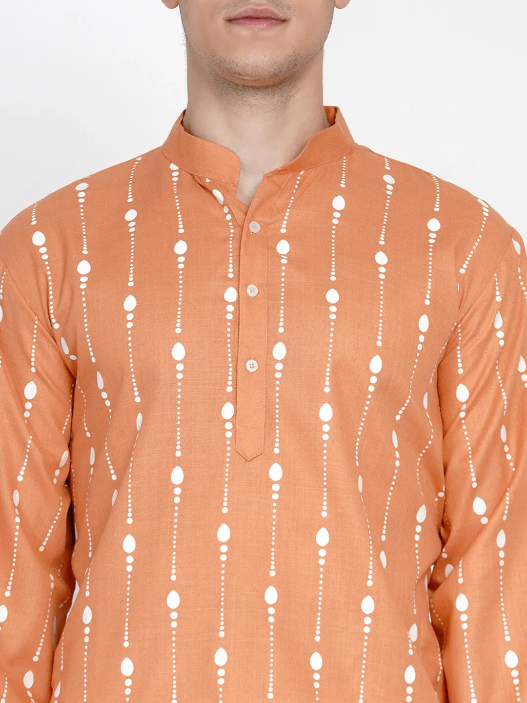 Men Peach & White Printed Pure Cotton Kurta with Pyjamas