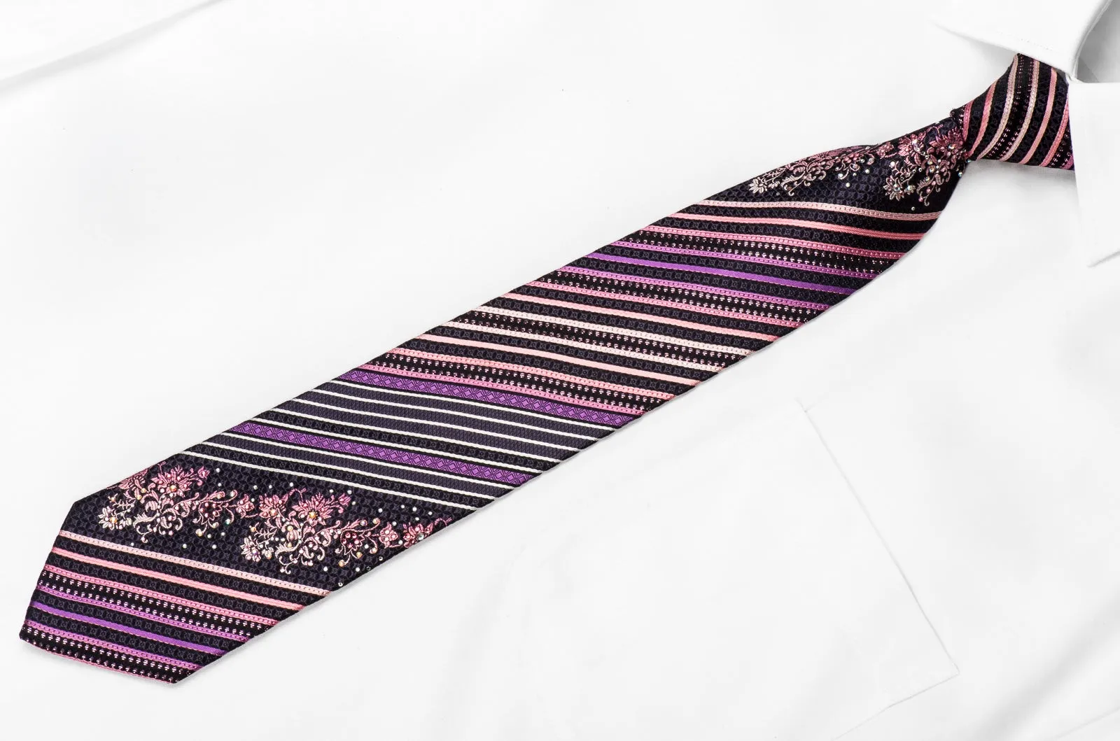 Metro City Men's Crystal Silk Necktie Purple Striped On Black With Sparkles