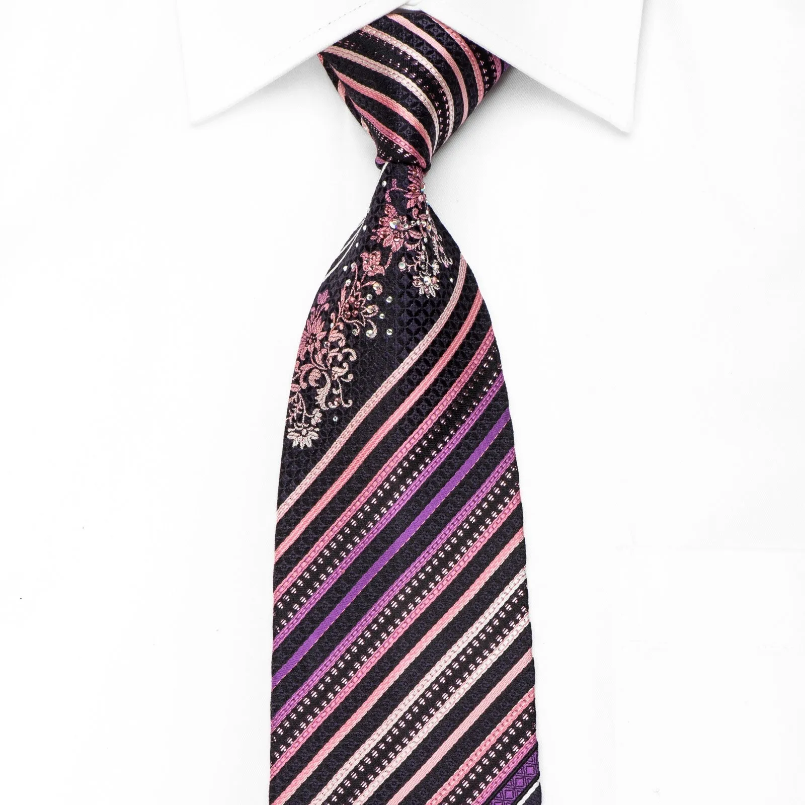 Metro City Men's Crystal Silk Necktie Purple Striped On Black With Sparkles