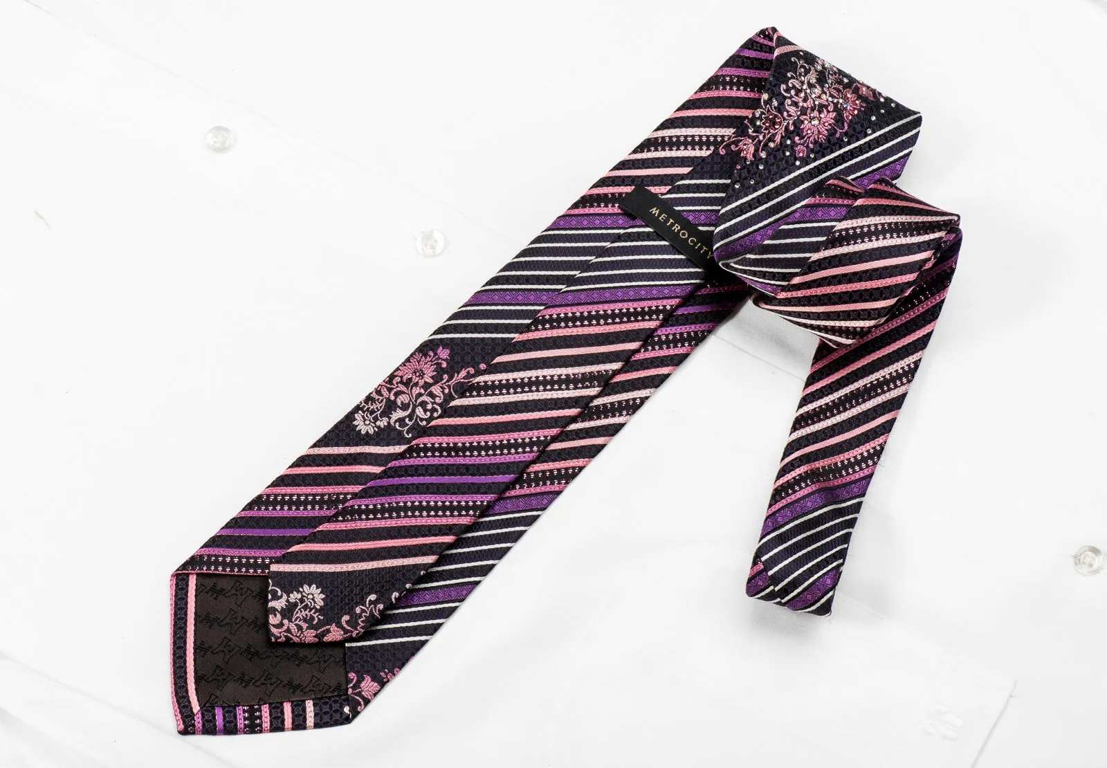 Metro City Men's Crystal Silk Necktie Purple Striped On Black With Sparkles