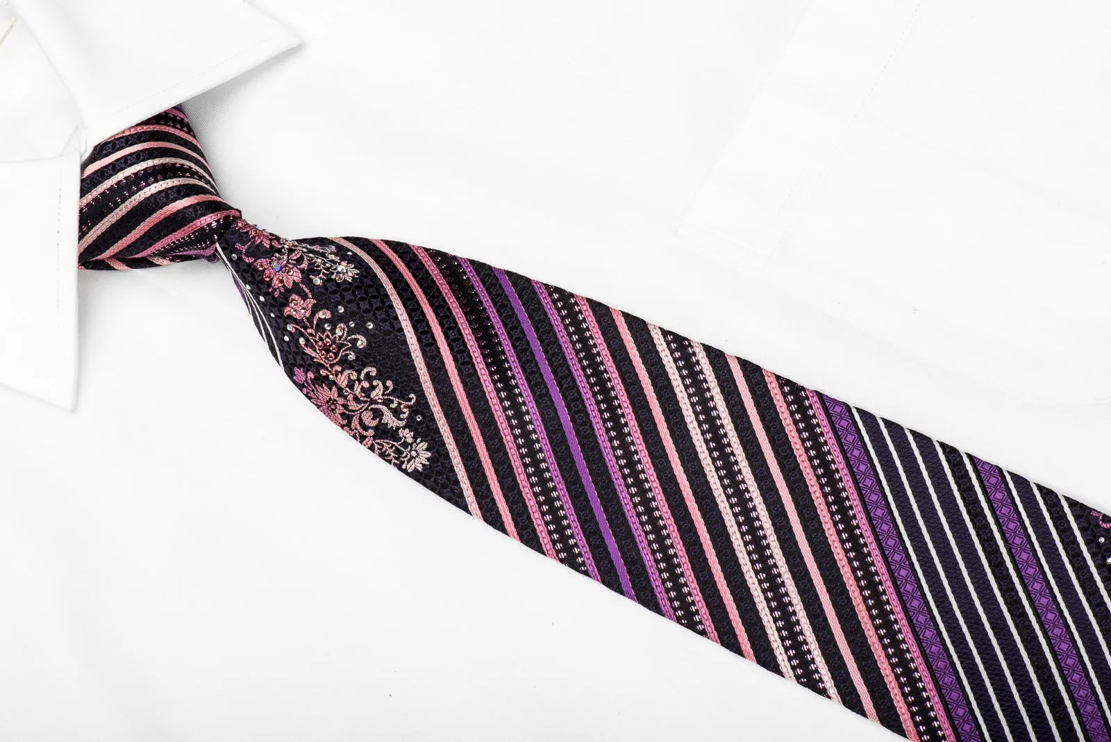 Metro City Men's Crystal Silk Necktie Purple Striped On Black With Sparkles
