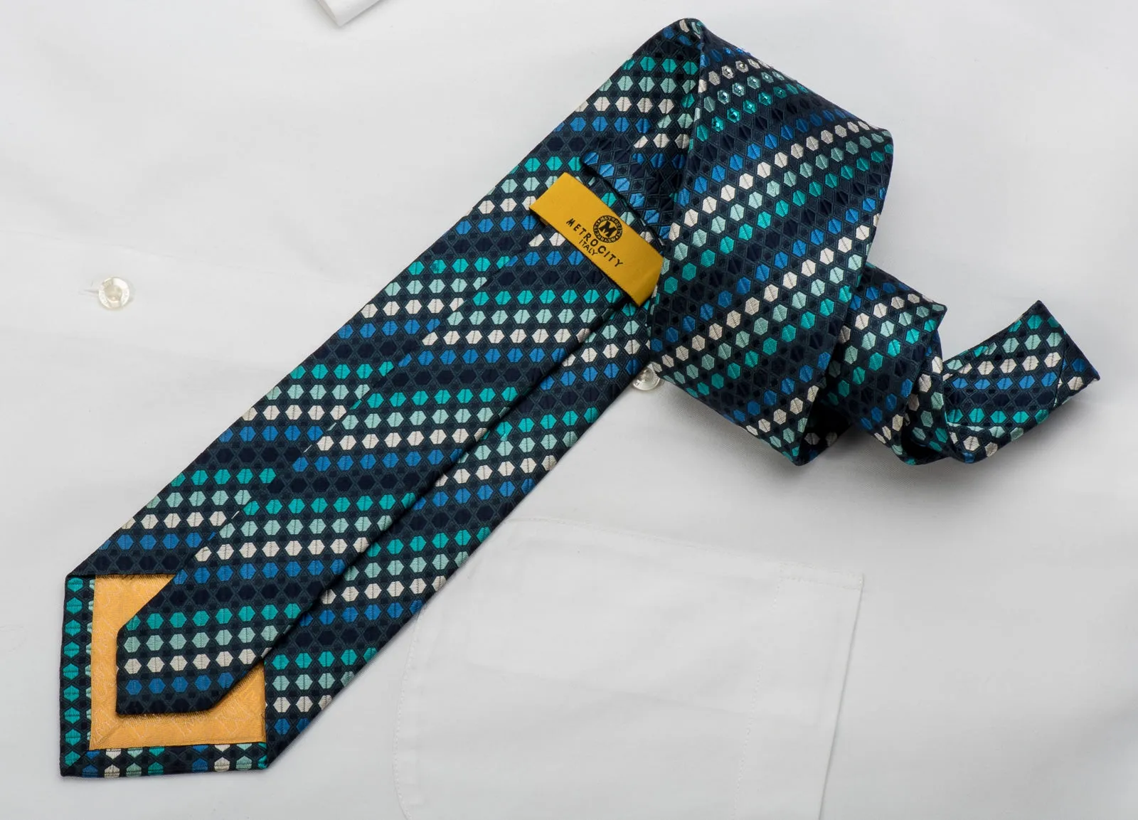 Metro City Mens Silk Necktie Geometric On Blue Sparkling With Rhinestones