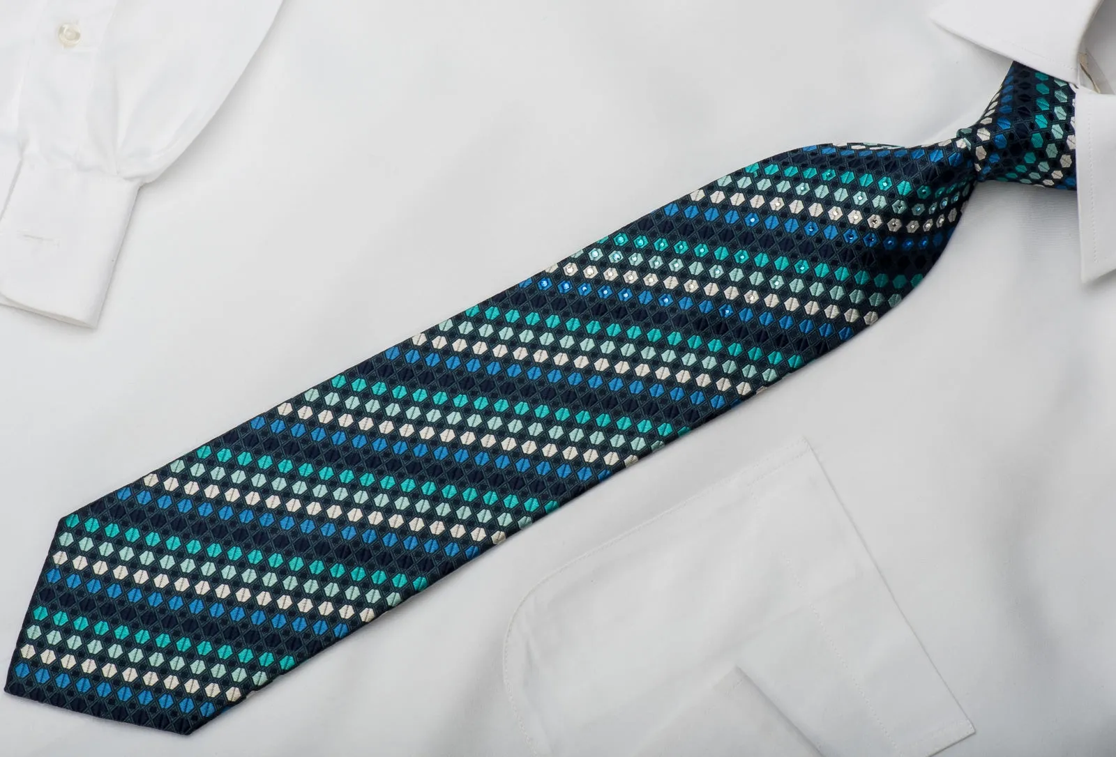 Metro City Mens Silk Necktie Geometric On Blue Sparkling With Rhinestones