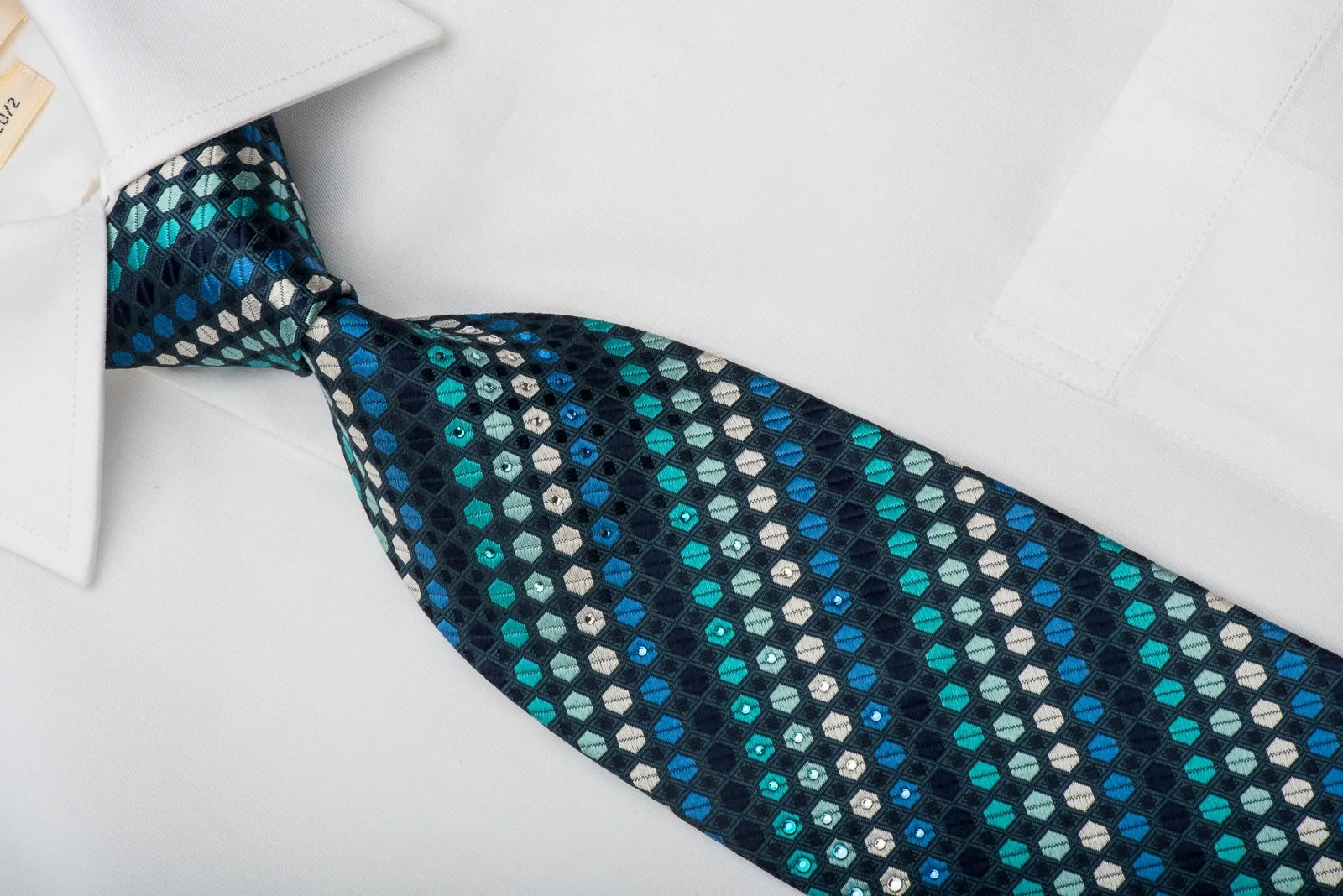 Metro City Mens Silk Necktie Geometric On Blue Sparkling With Rhinestones