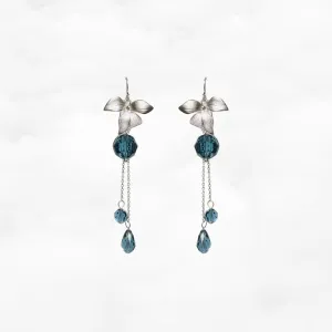 Orchid Flower Teal Crystal Earrings Silver