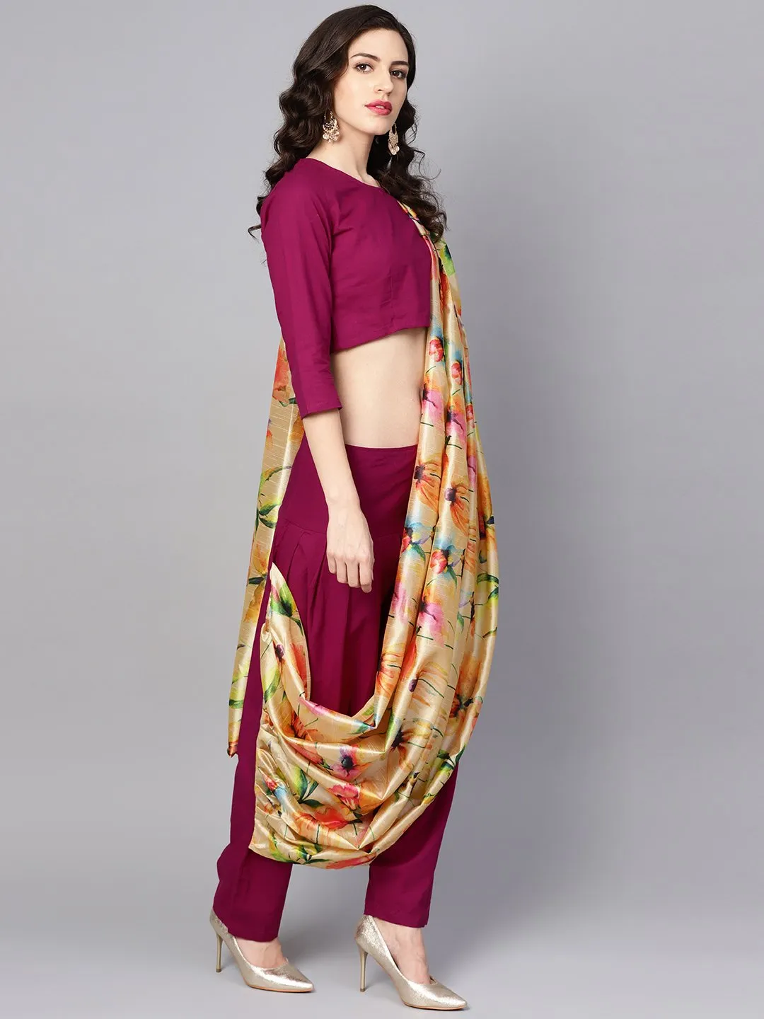 Pink Printed Palazzo Saree With 3/4Th Sleeve Round Neck Blouse