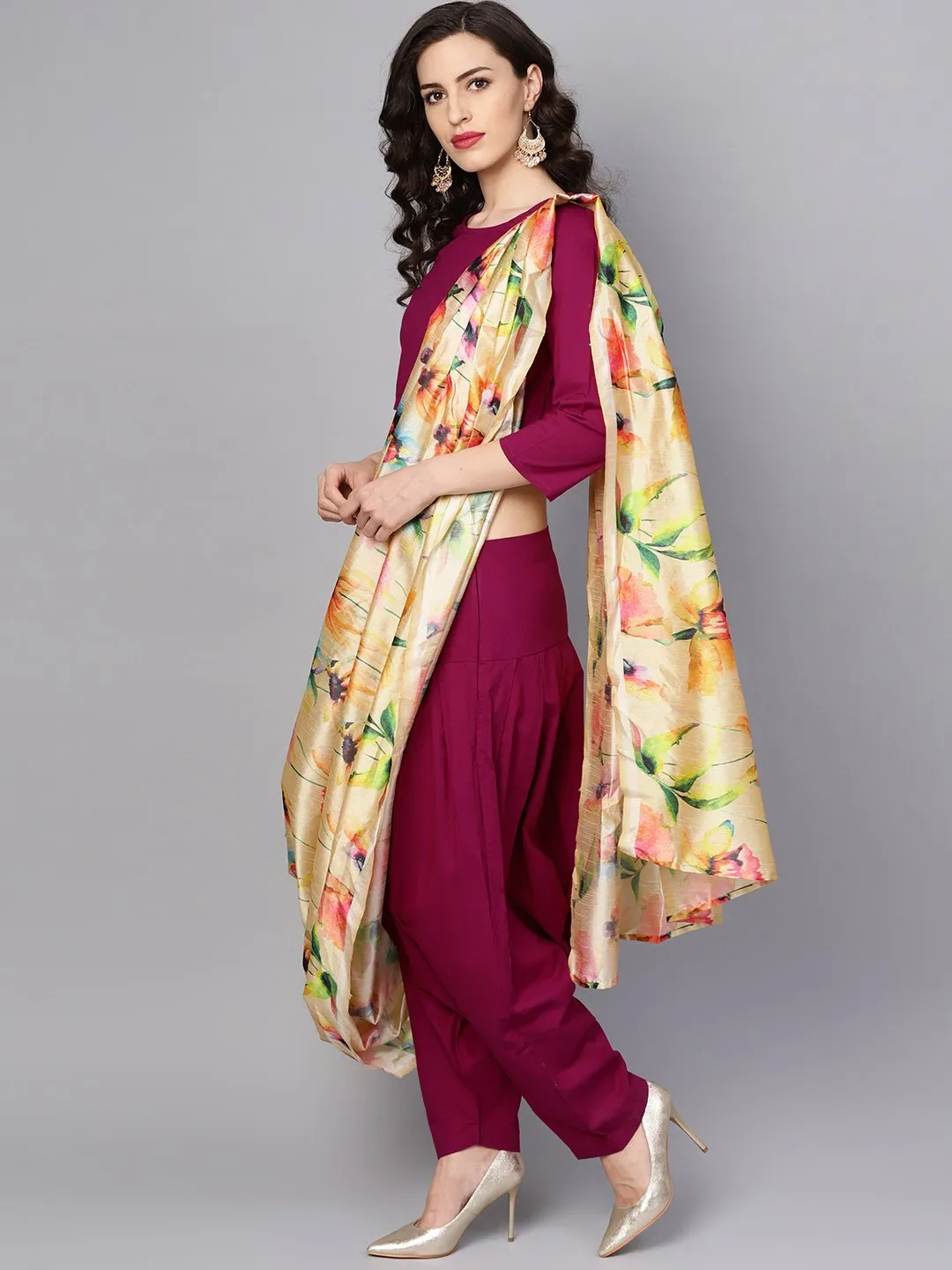 Pink Printed Palazzo Saree With 3/4Th Sleeve Round Neck Blouse