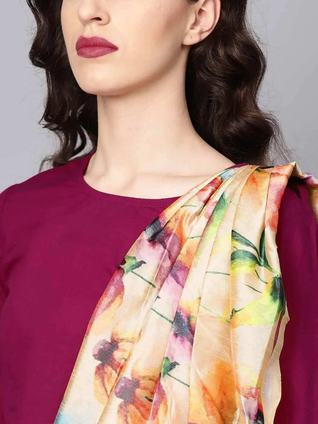 Pink Printed Palazzo Saree With 3/4Th Sleeve Round Neck Blouse