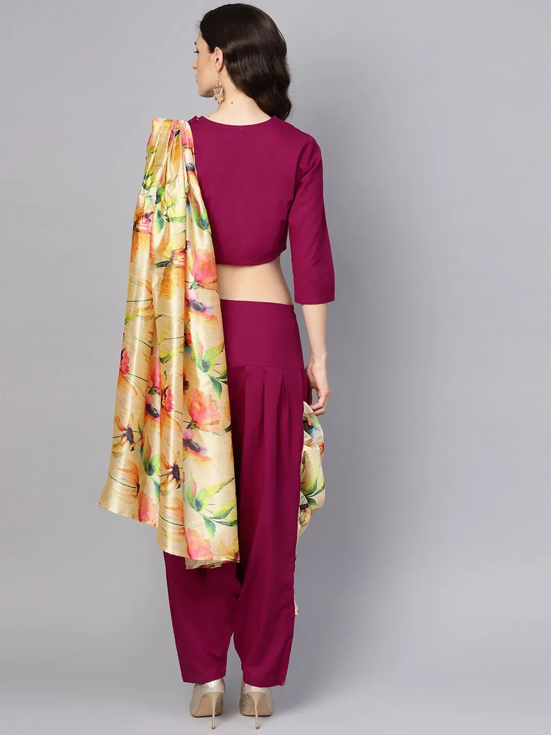 Pink Printed Palazzo Saree With 3/4Th Sleeve Round Neck Blouse