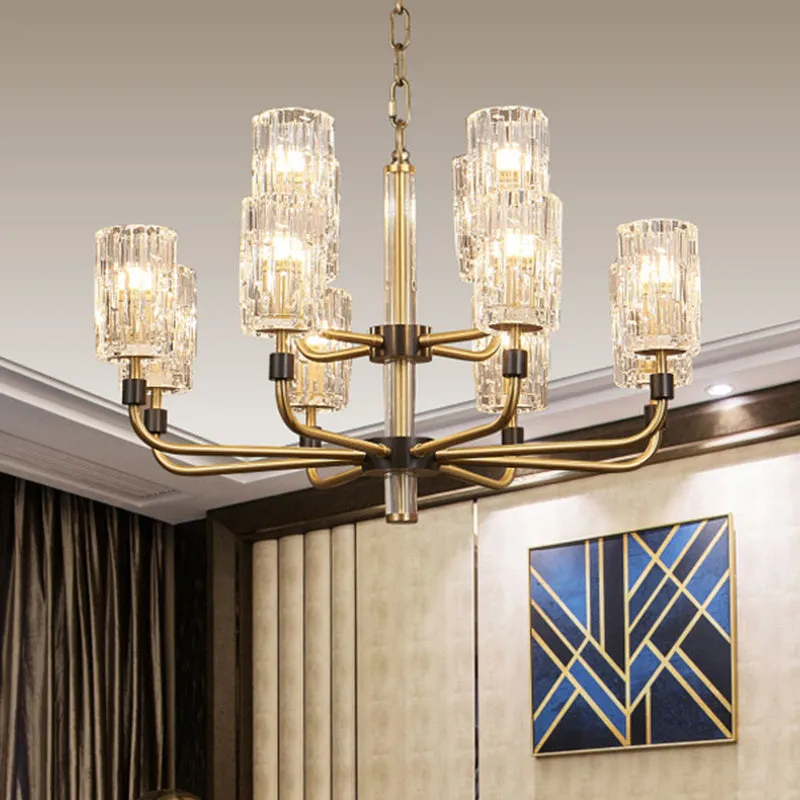 Prismatic Crystal Cylinder Shade Chandelier: Minimalist Gold Pendant Light