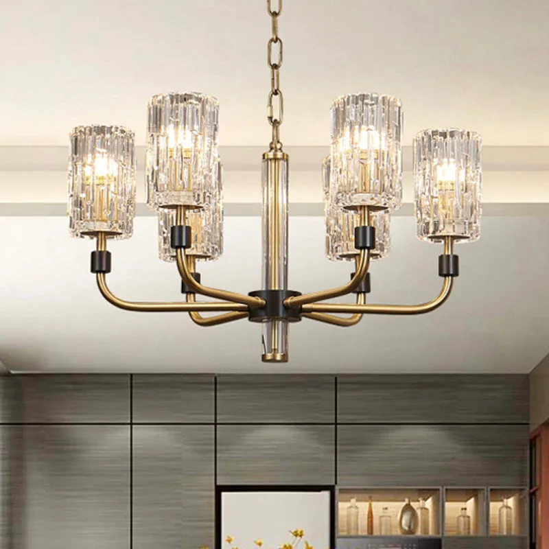Prismatic Crystal Cylinder Shade Chandelier: Minimalist Gold Pendant Light