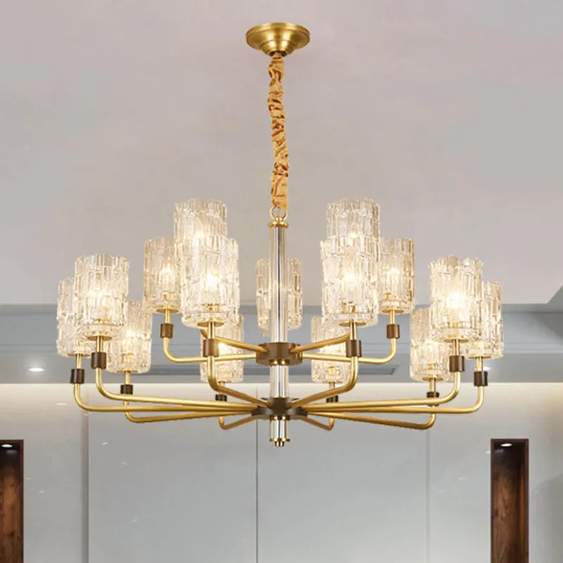Prismatic Crystal Cylinder Shade Chandelier: Minimalist Gold Pendant Light
