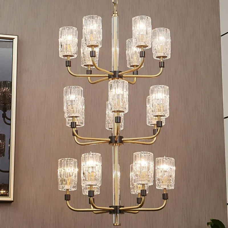 Prismatic Crystal Cylinder Shade Chandelier: Minimalist Gold Pendant Light