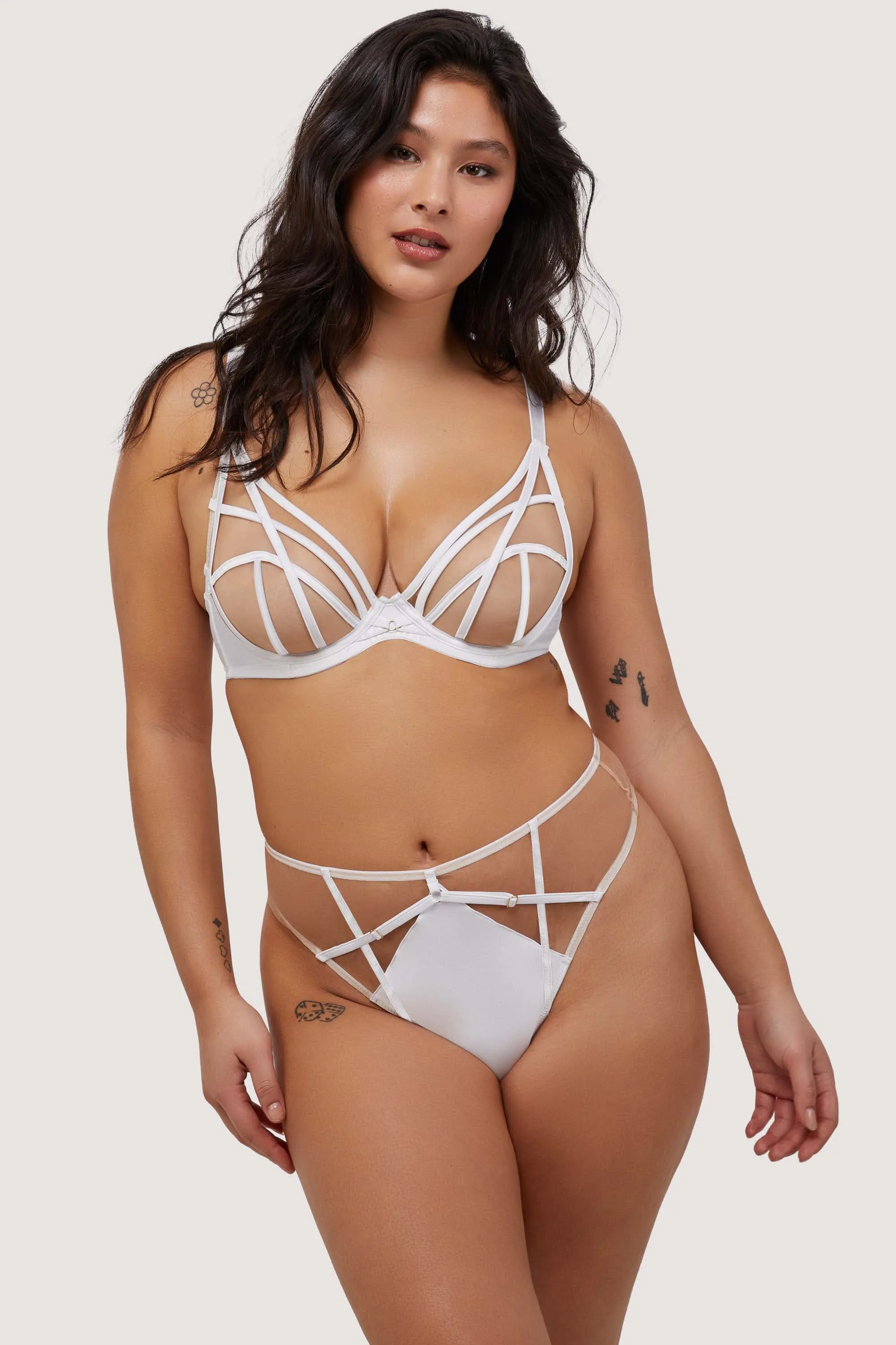 Ramona Optic White Strap Detail Illusion Mesh High Waisted Thong