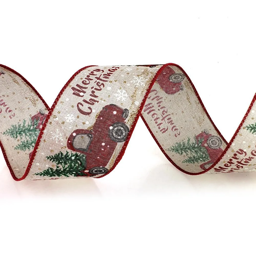 Red Truck with Tree "Merry Christmas" Linen Ribbon, 2-1/2-Inch, 50-Yard BULK