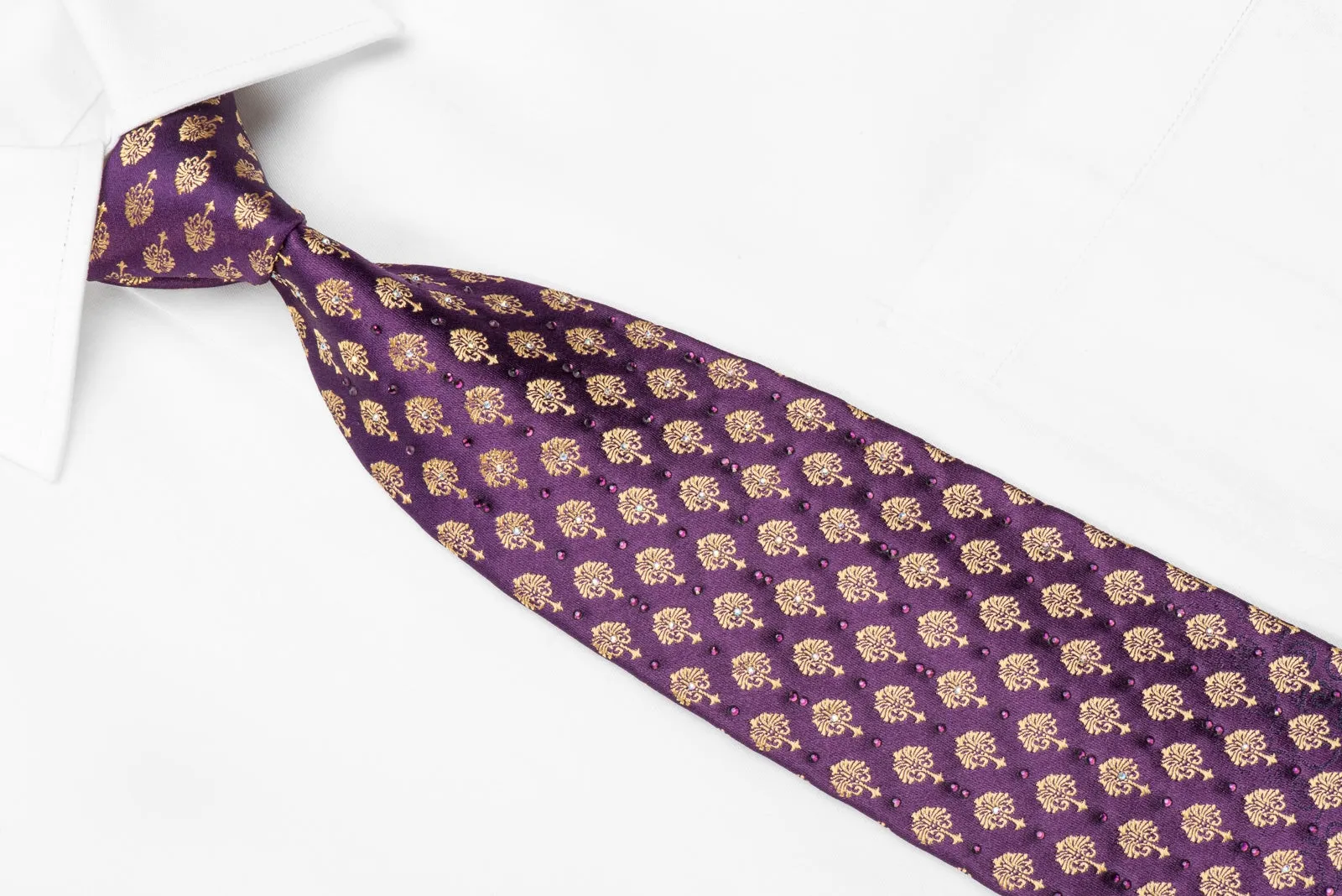 Renoma Men's Crystal Silk Necktie Golden Anthemion On Purple
