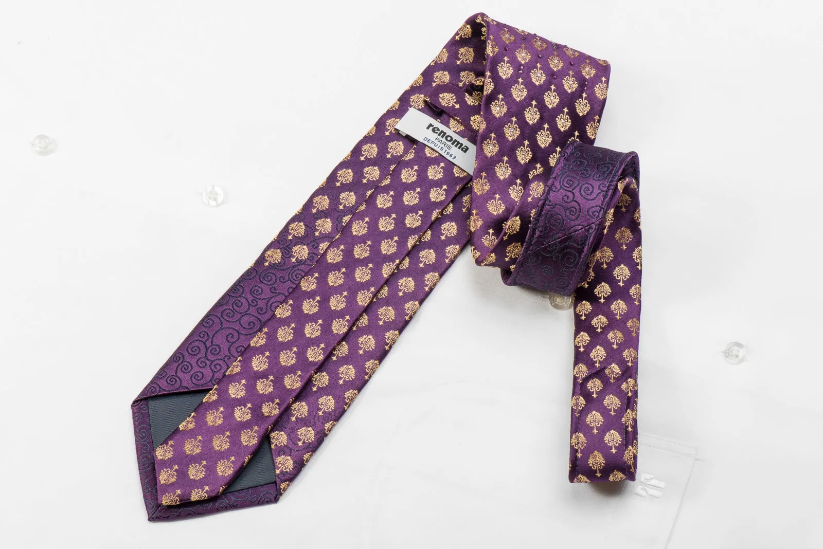 Renoma Men's Crystal Silk Necktie Golden Anthemion On Purple