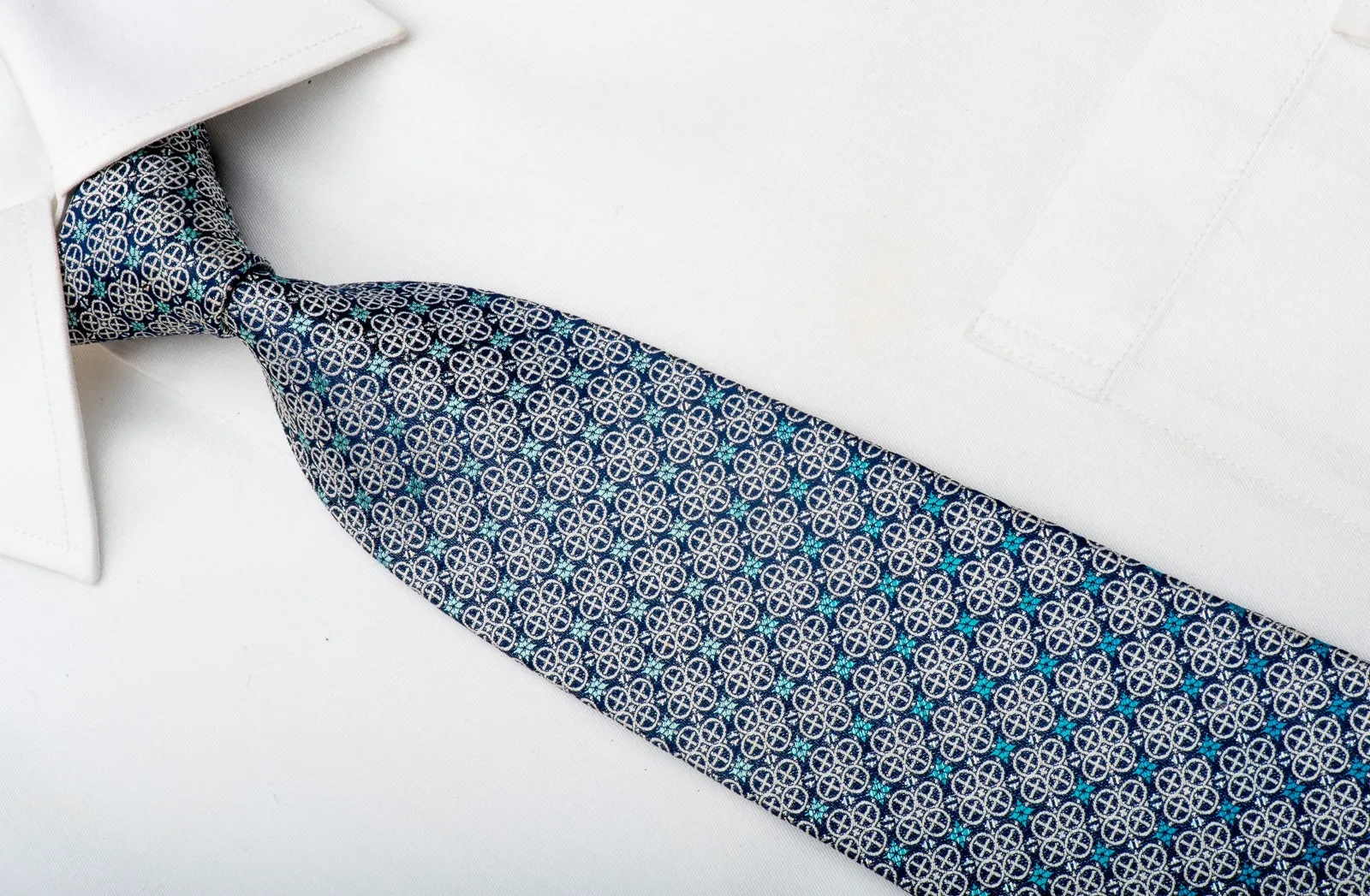 Renoma Men's Woven Silk Necktie Silver Cartouche On Blue With Silver Sparkles