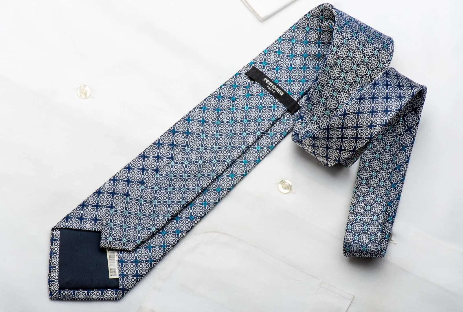 Renoma Men's Woven Silk Necktie Silver Cartouche On Blue With Silver Sparkles
