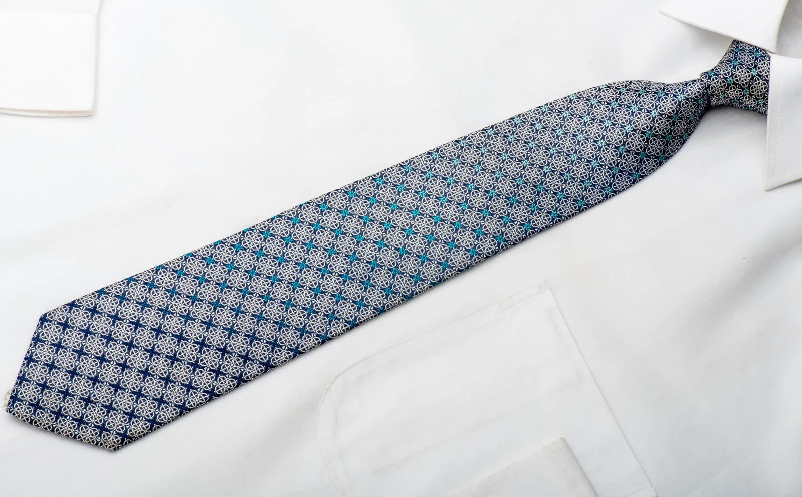 Renoma Men's Woven Silk Necktie Silver Cartouche On Blue With Silver Sparkles