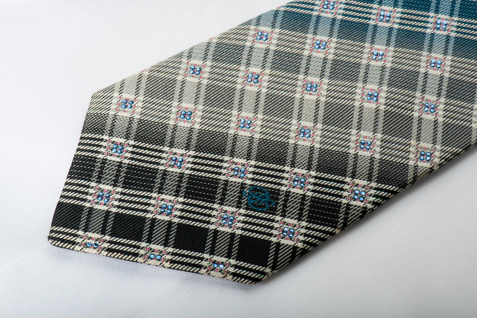 Renoma Rhinestone Silk Necktie Plaids On Blue With Silver Sparkles