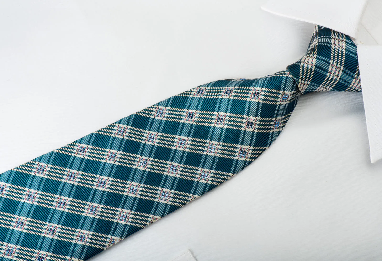 Renoma Rhinestone Silk Necktie Plaids On Blue With Silver Sparkles