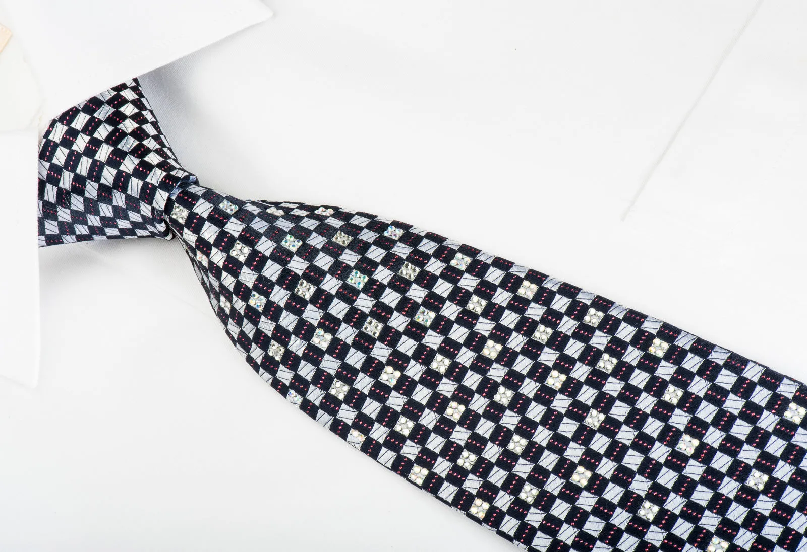 Renoma Rhinestone Silk Necktie Silver Checked On Navy With Red Sparkles