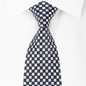 Renoma Rhinestone Silk Necktie Silver Checked On Navy With Red Sparkles