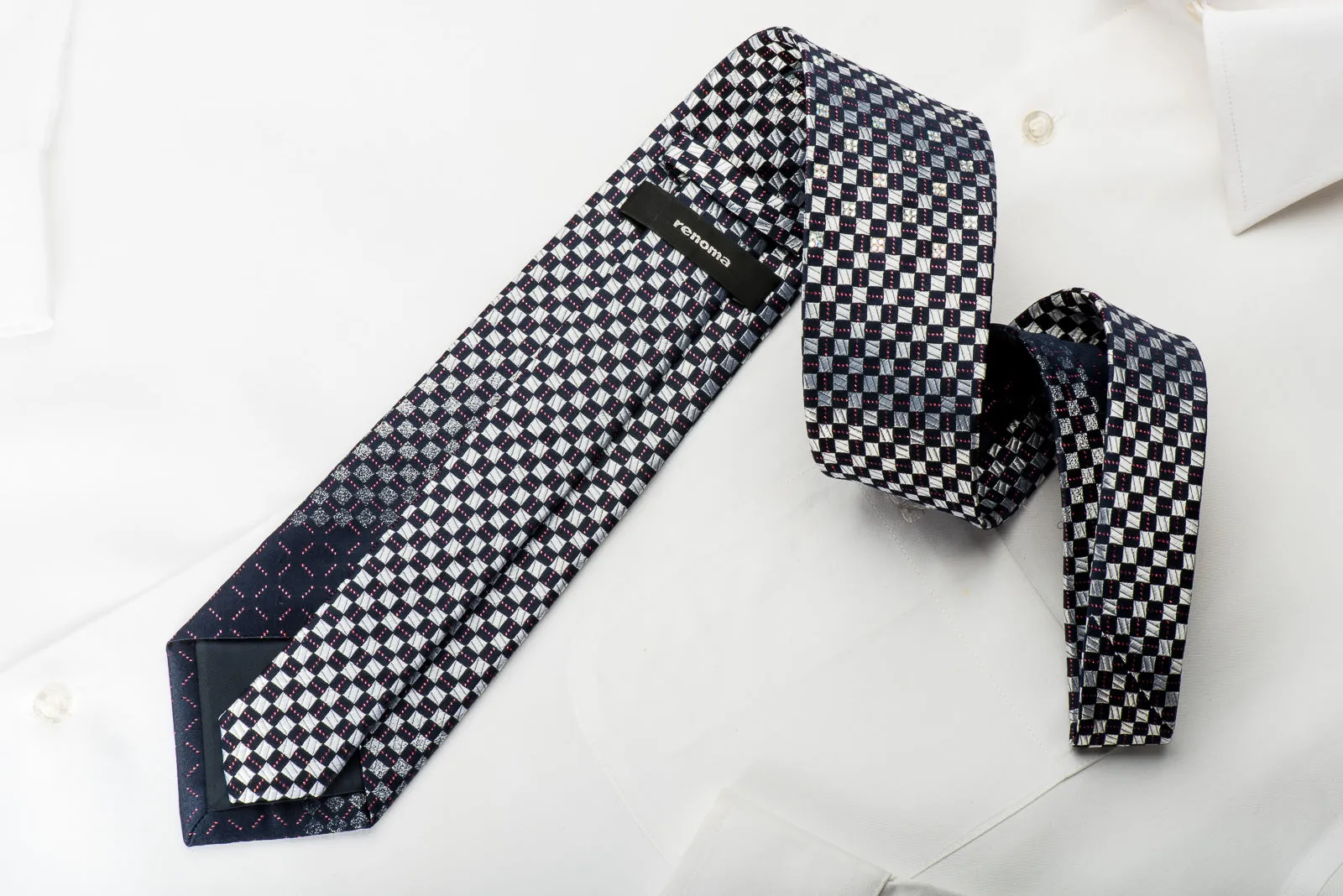 Renoma Rhinestone Silk Necktie Silver Checked On Navy With Red Sparkles