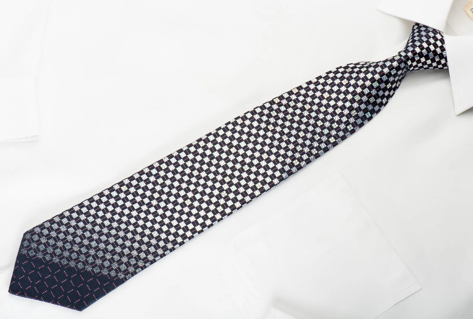 Renoma Rhinestone Silk Necktie Silver Checked On Navy With Red Sparkles