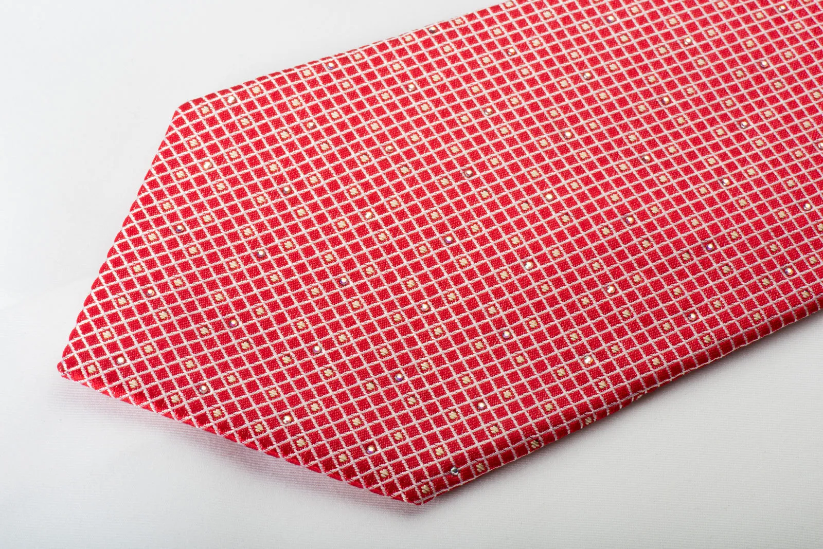 Renoma Silk Tie Silver Trellis On Red With Rhinestones