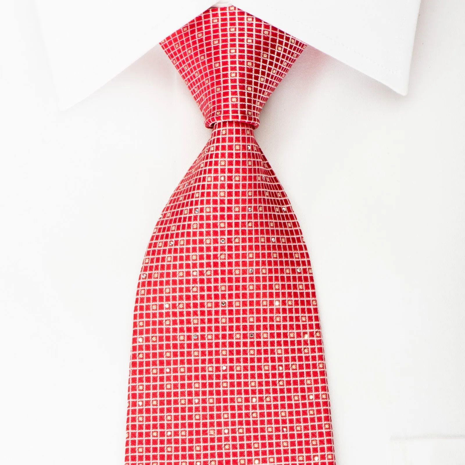 Renoma Silk Tie Silver Trellis On Red With Rhinestones