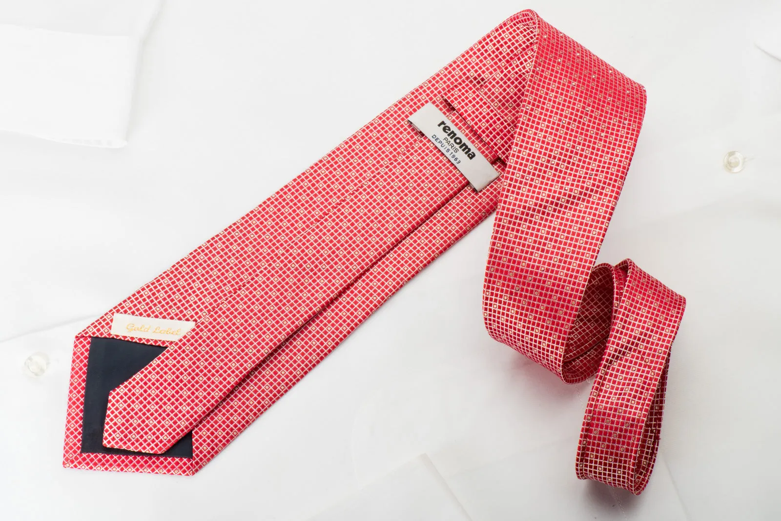 Renoma Silk Tie Silver Trellis On Red With Rhinestones