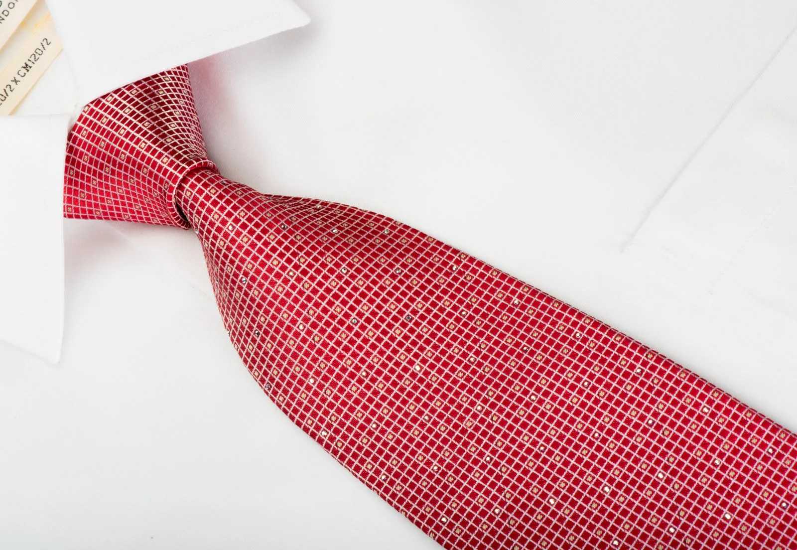 Renoma Silk Tie Silver Trellis On Red With Rhinestones
