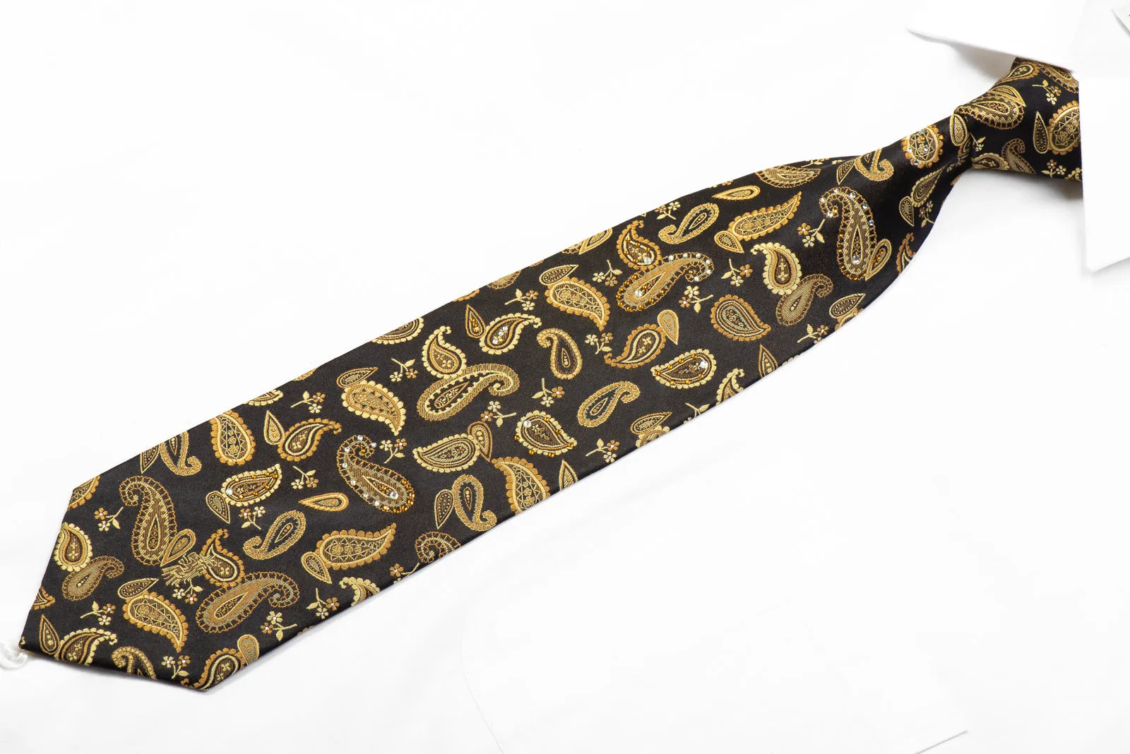 Rhinestone Necktie Gold Paisley On Black With Sparkles By Roberta di Camerino