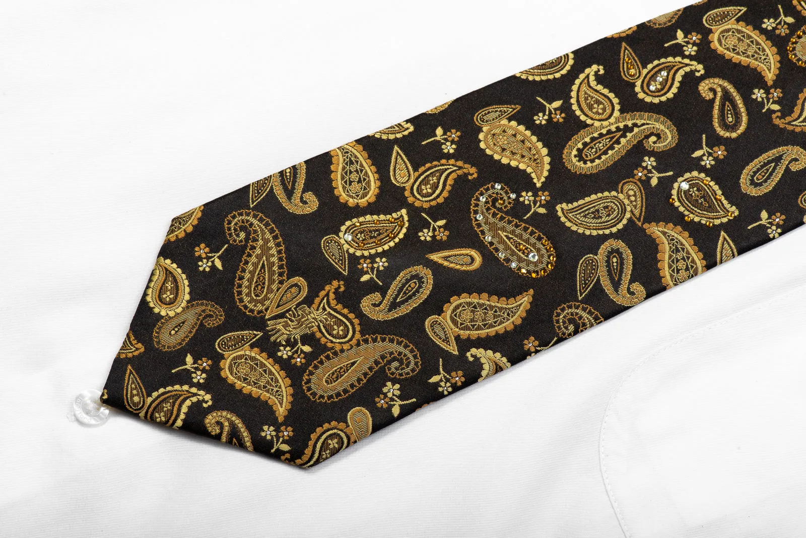 Rhinestone Necktie Gold Paisley On Black With Sparkles By Roberta di Camerino