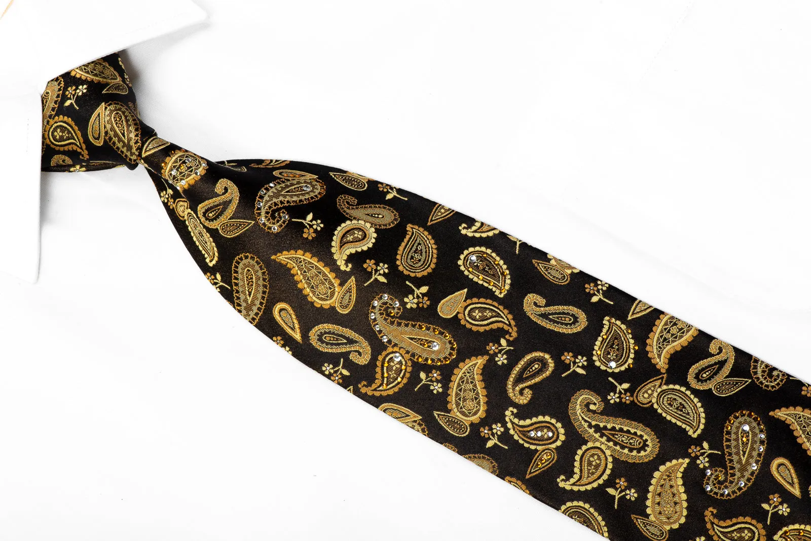 Rhinestone Necktie Gold Paisley On Black With Sparkles By Roberta di Camerino