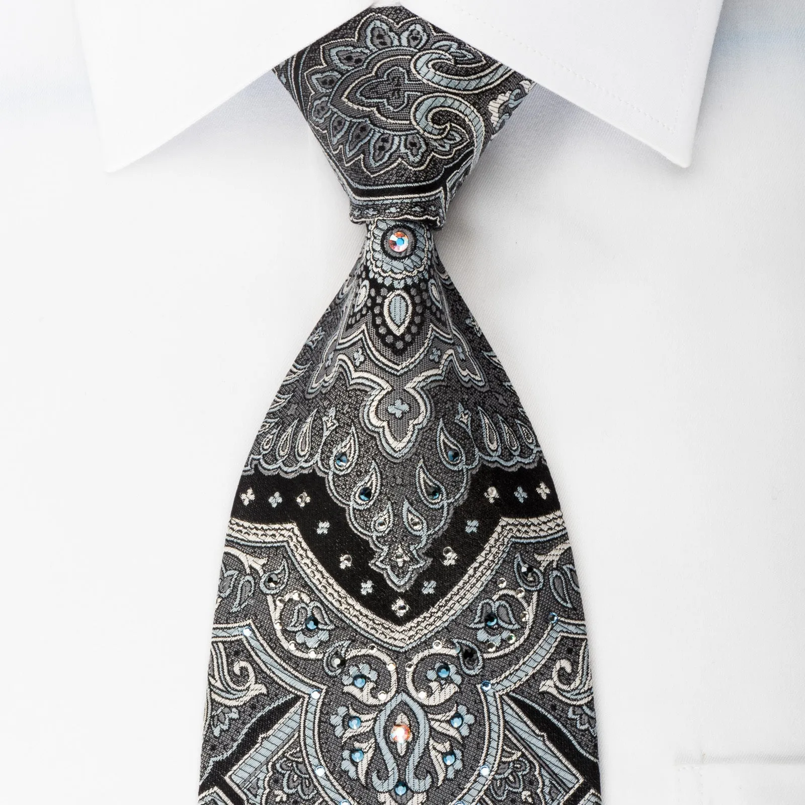 Smalto Men's Woven Silk Necktie Silver Damask On Black With Rhinestones